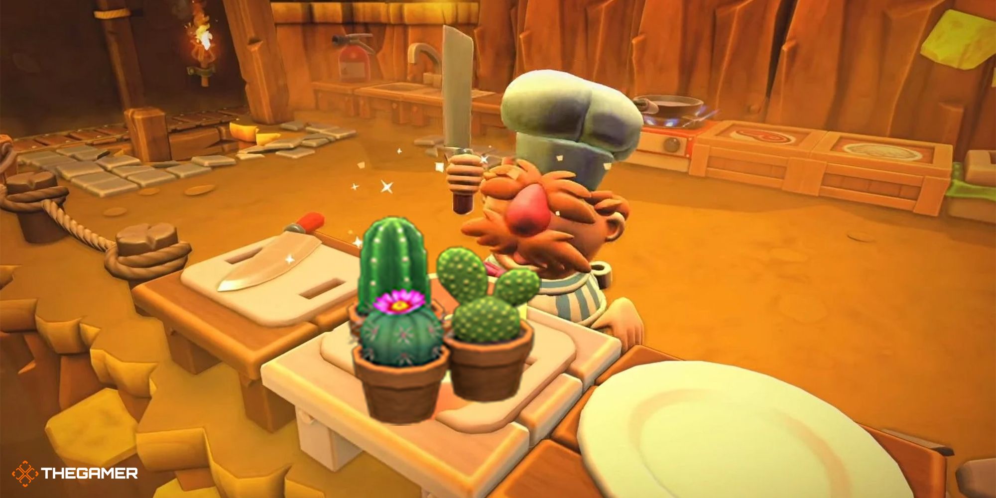 Overcooked chef with a knife raised above some cacti