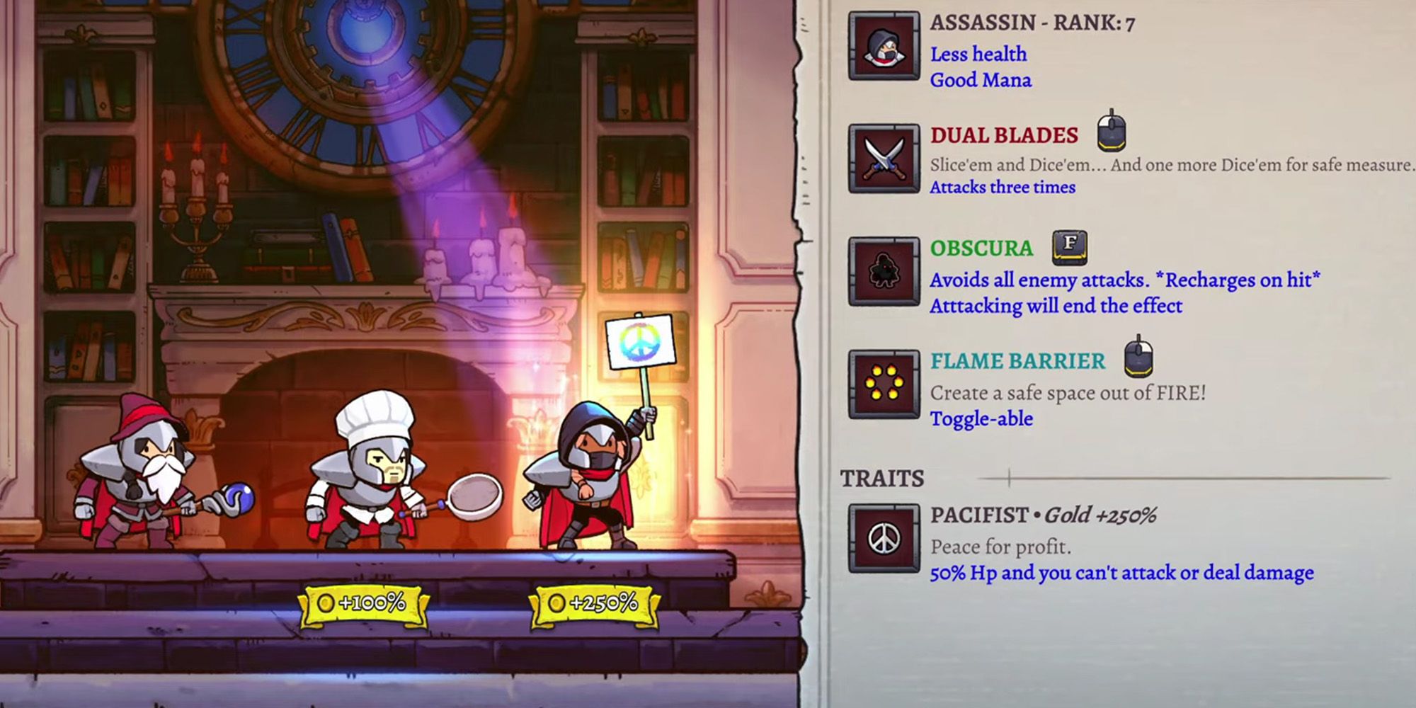 Rogue Legacy 2 screenshot of an Assassin with the Pacifist trait