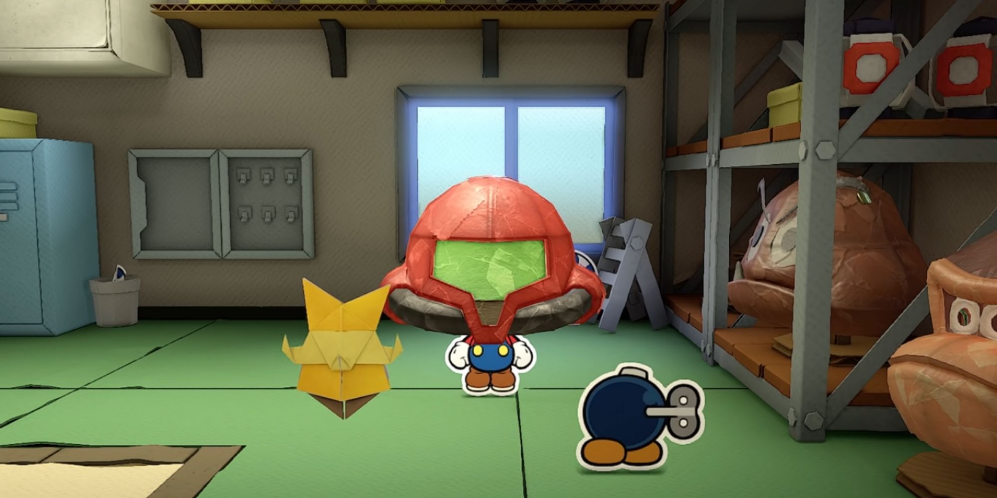 Paper Mario Wears Samus Helmet While Olivia and Bob-omb Stare At Him