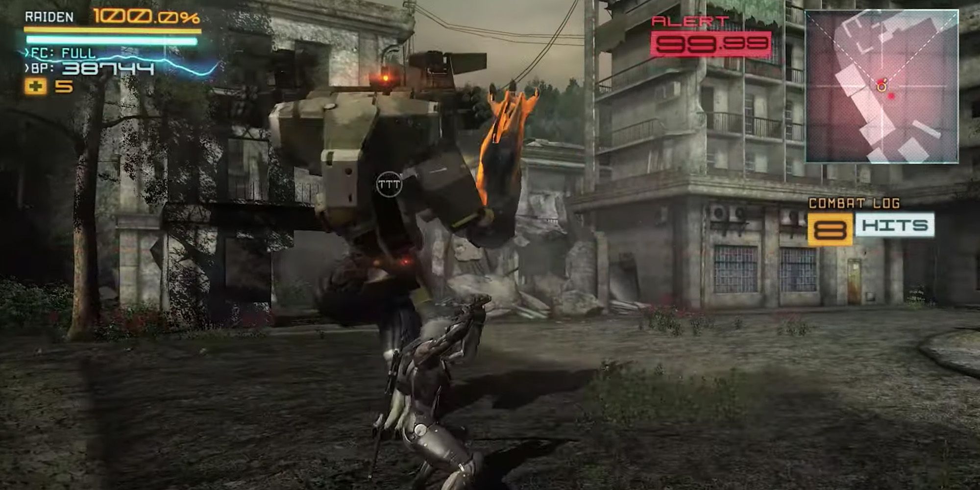 Metal Gear Rising: Revengeance screenshot of Raiden parrying in an attack from a Gekko mech