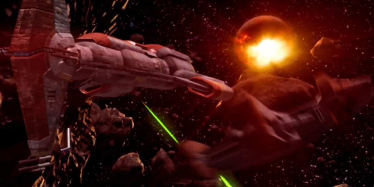 Peragus II  from Star Wars KOTOR 2 explodes as the Harbinger fires into the asteroid field.