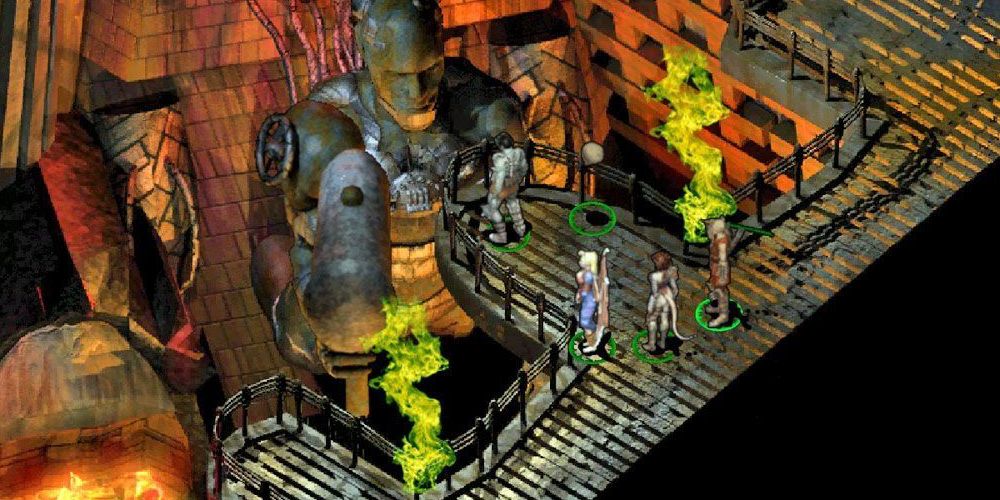 Planescape Torment screenshot showing party members next to a looming mechanical statue of a man with fire and rusty metal flooring underneath.