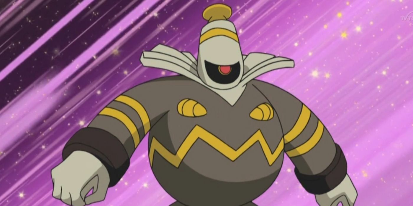 Dusknoir on a pink background in the Pokemon anime