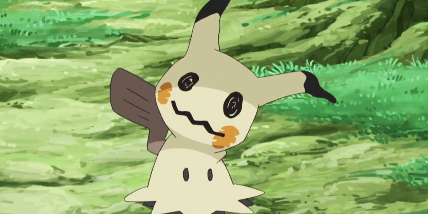 Mimikyu in a forest in the Pokemon anime