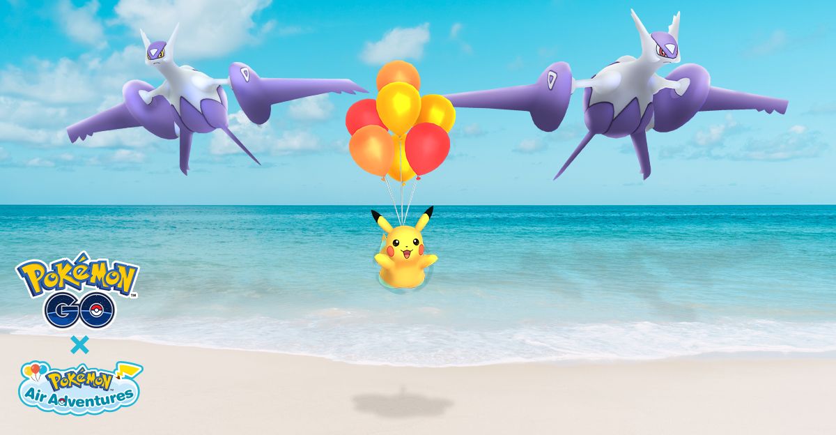 Mega Latias, Mega Latios, and Flying Pikachu from the Pokemon Go Air Adventures Event