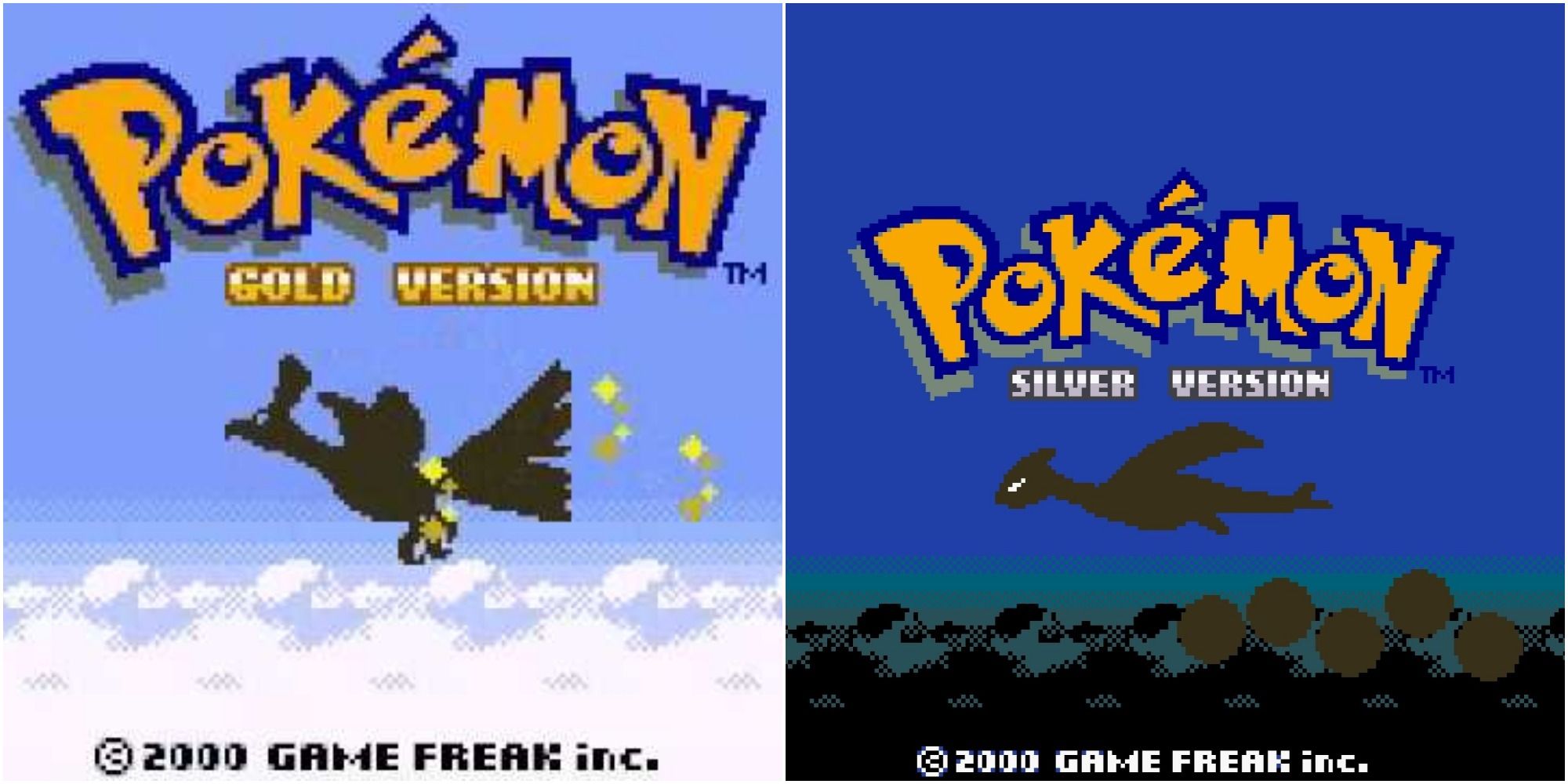 Split image screenshot of the Pokemon Gold and Silver title screens.