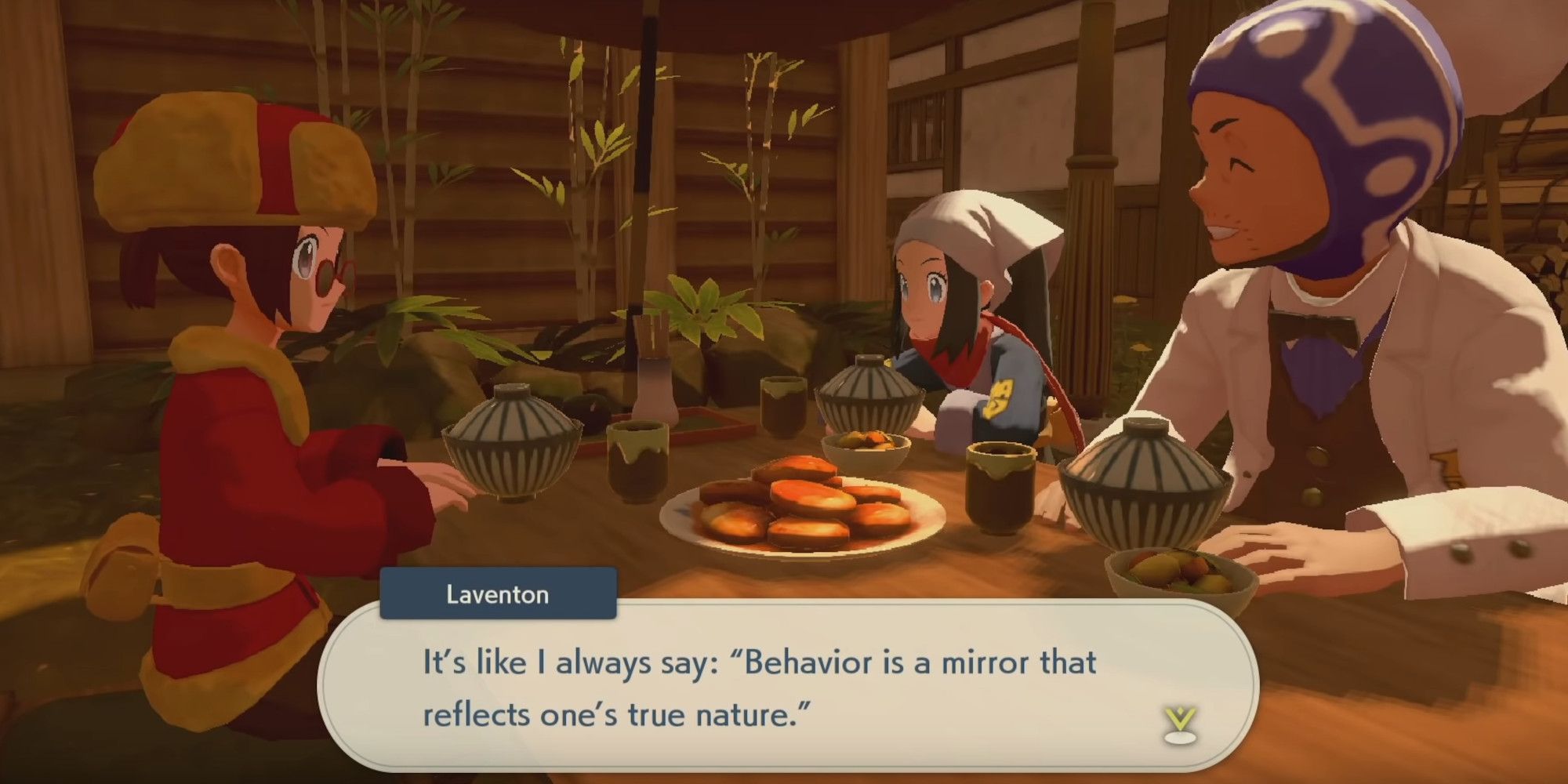 Laventon, the player, and Akari from Pokemon Legends Arceus sitting together at the Wallflower eating some potato mochi. Laventon is saying "It's like I always say: 'Behavior is a mirror that reflects one's true nature.'"