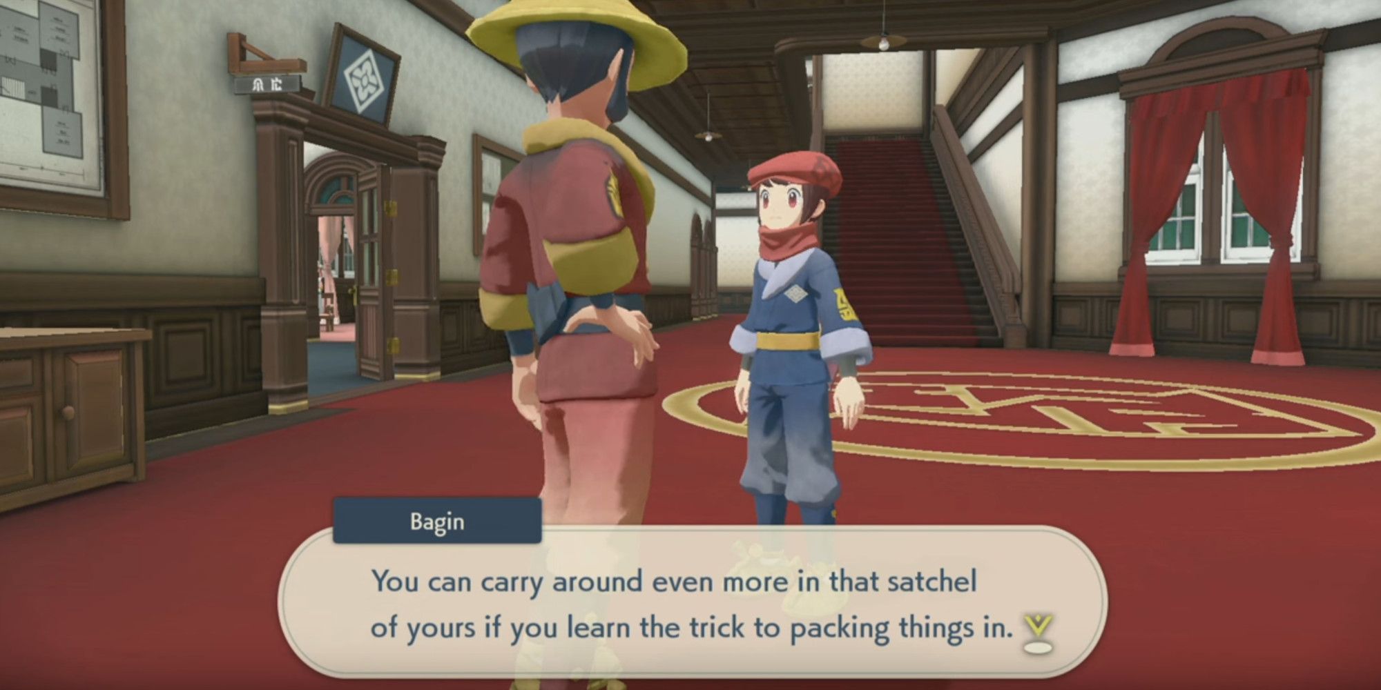 Bagin from Pokemon Legends Arceus saying "You can carry around even more in that satchel of yours if you learn the trick to packing things in." Both him and the player are standing in the Galaxy Team Headquarters.