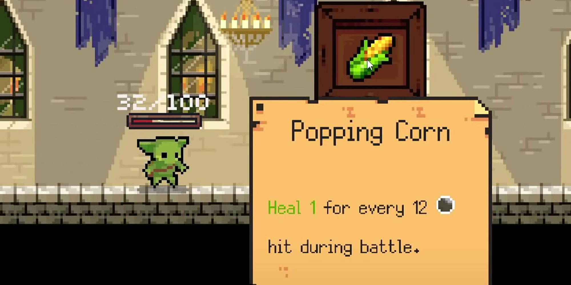 Peglin screenshot of Peglin standing next to the Popping Corn Relic, which looks like shucked corn