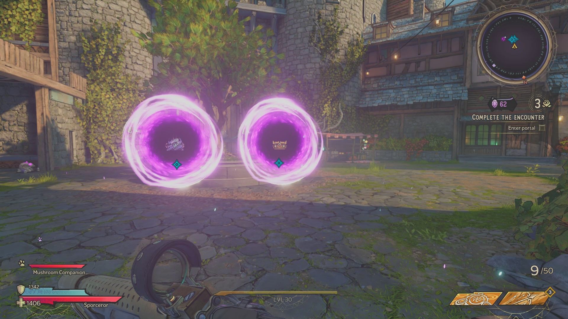Two purple portals float in front of the player in the Chaos Chamber with different icons
