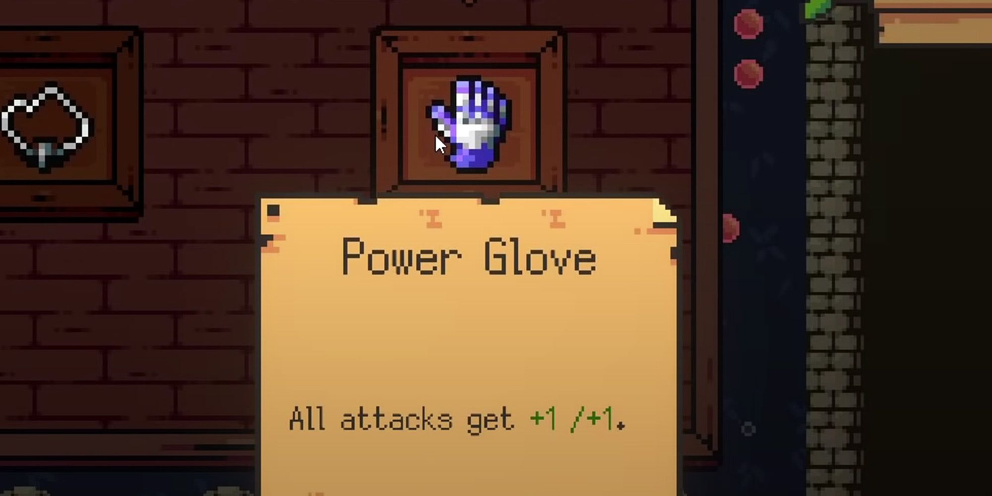 Peglin screenshot of the Power Glove Relic, which looks like an upright blue glove