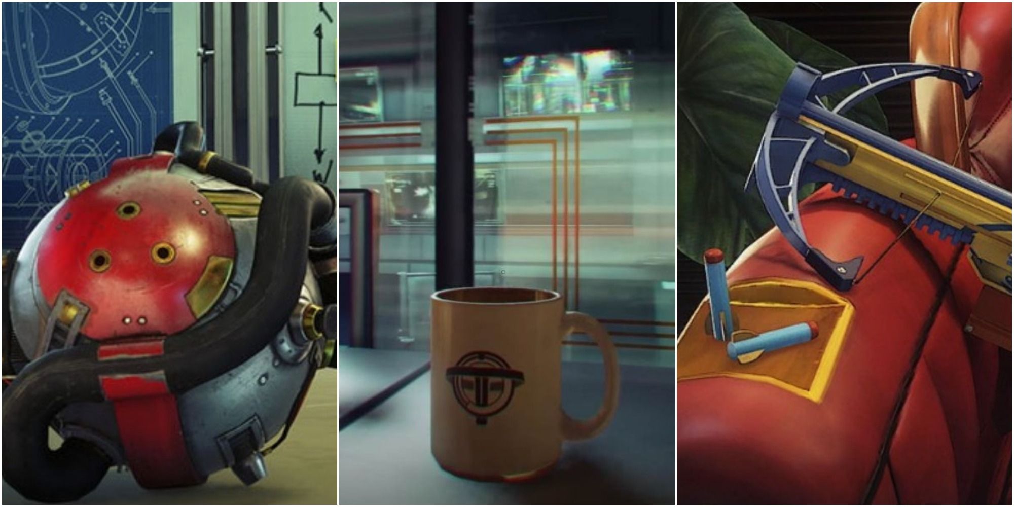 A close-up of a recycler charge, a mug, and the Boltcaster and darts from Prey, left to right