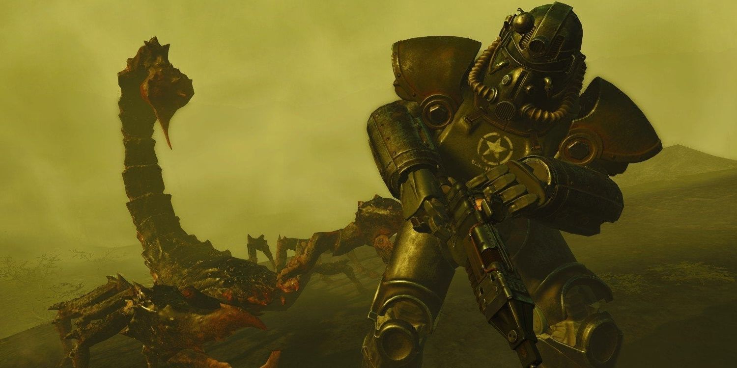 Fallout 4 Brotherhood of Steel Paladin reloads with a radscorpion in close pursuit.