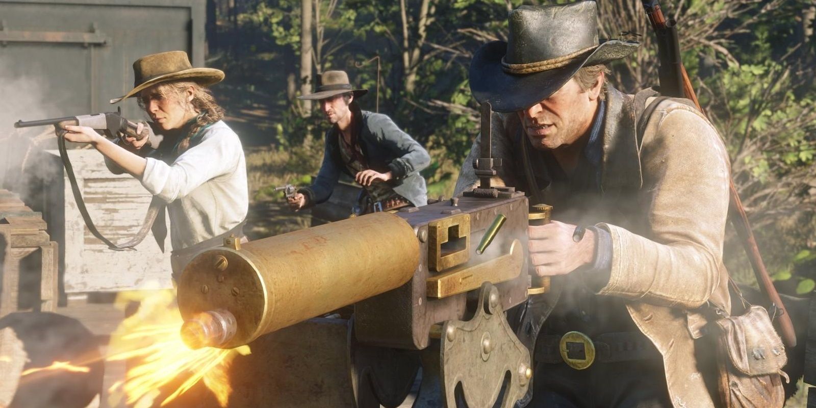 Arthur Morgan uses a mounted gun during a train robbery.