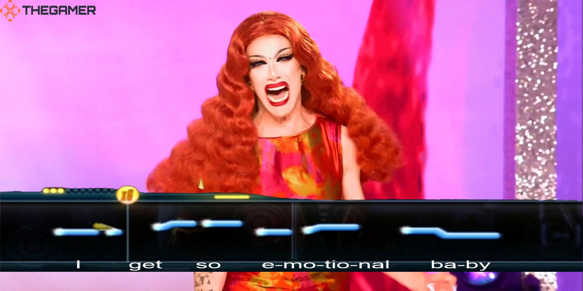 Sasha Velour lip syncs to Whitney Houston's "So Emotional" in a Lip Sync For Your Life inspired Rupaul's Drag Race video game.