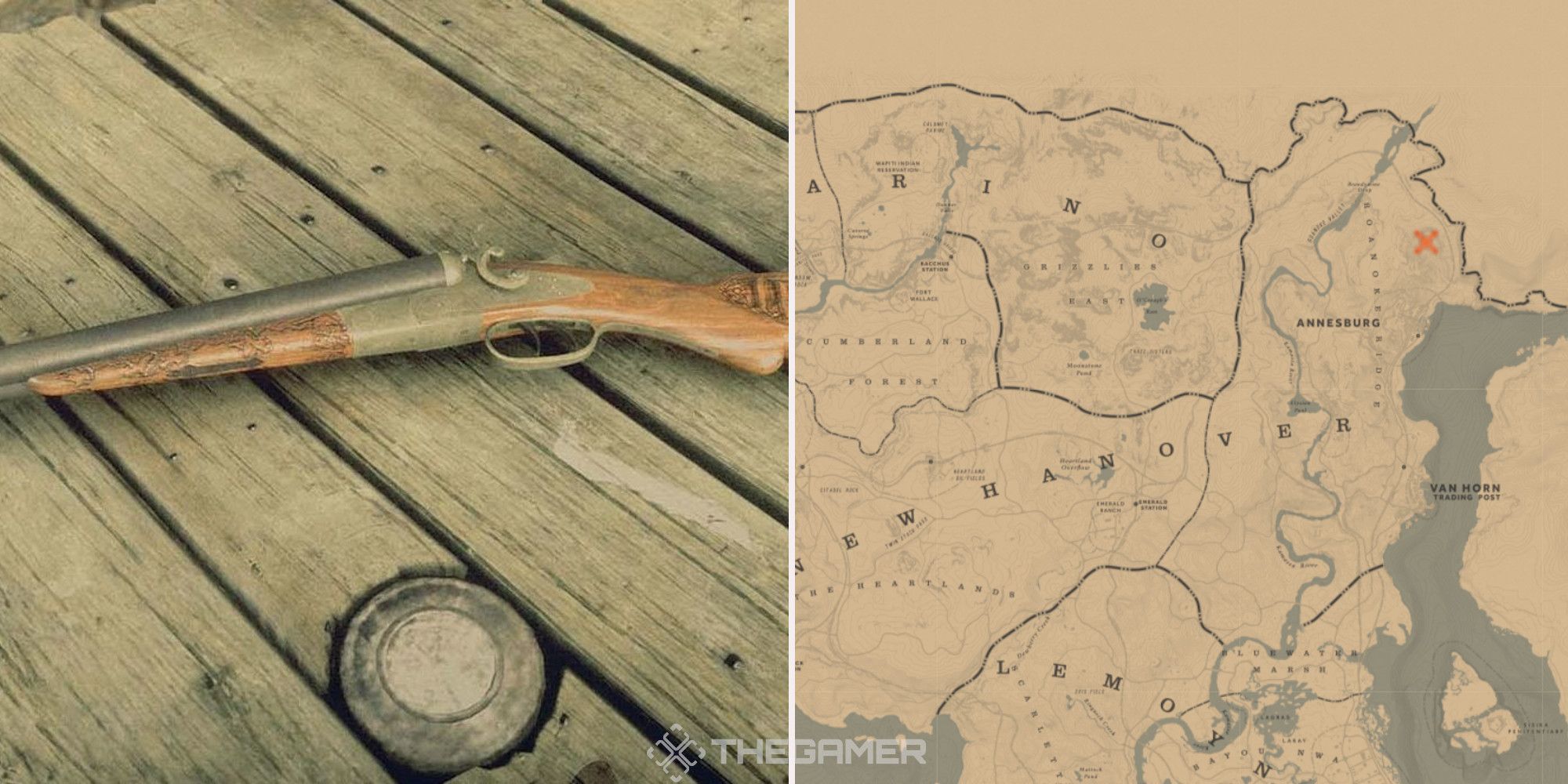  The rare shotgun in Red Dead Redemption 2, next to an image of where it can be found marked on the map.