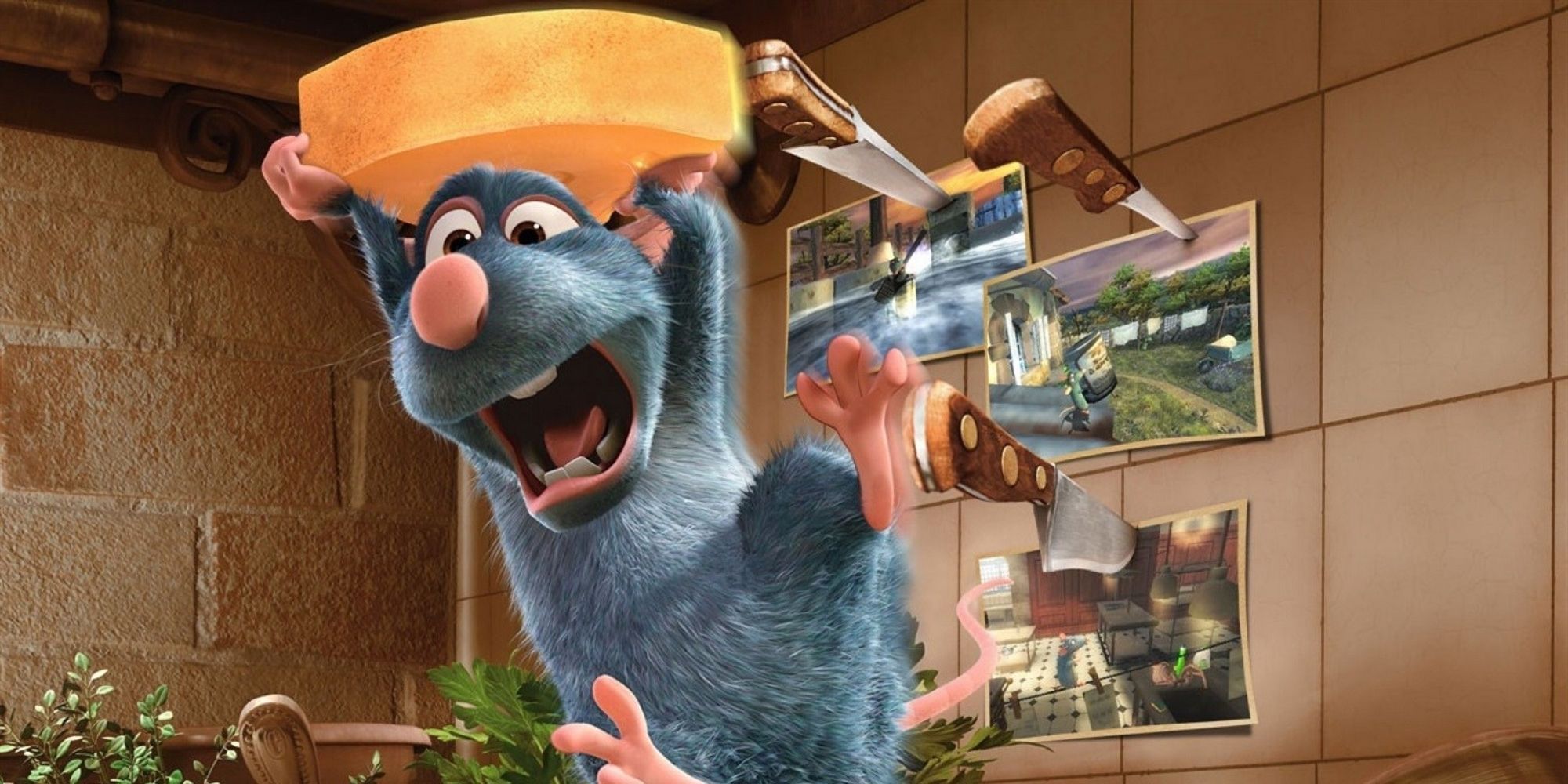 Ratatouille Remmy holding a wheel of cheese while running away from knives that are stuck in the wall
