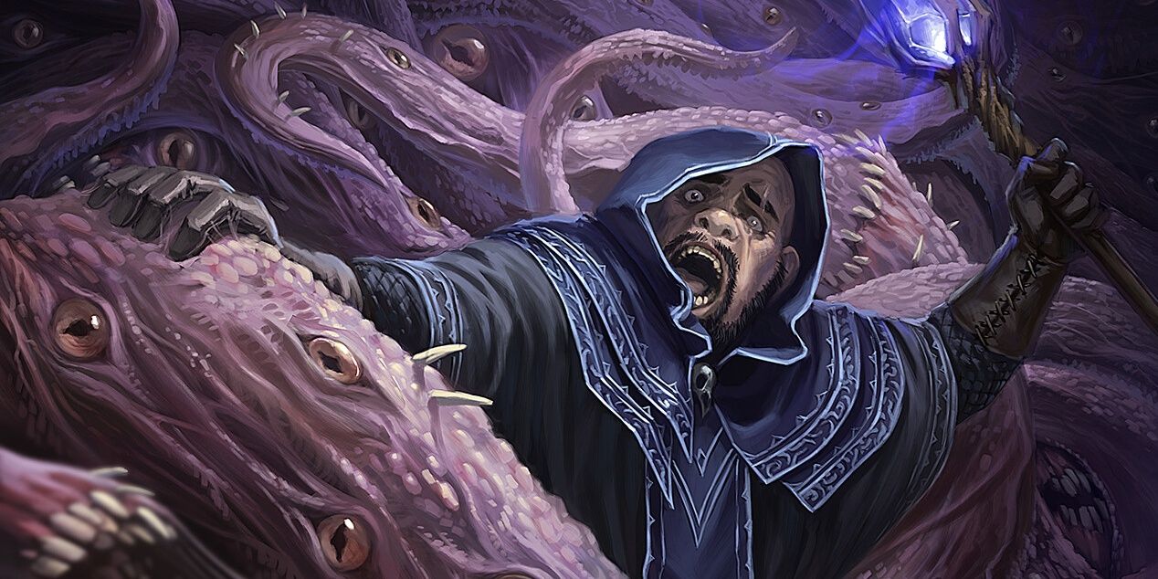 one eyed mage surrounded by eldritch tentacles with eyes