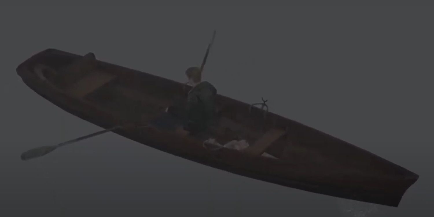 A screenshot of James in a row boat with Mary’s corpse in the back.