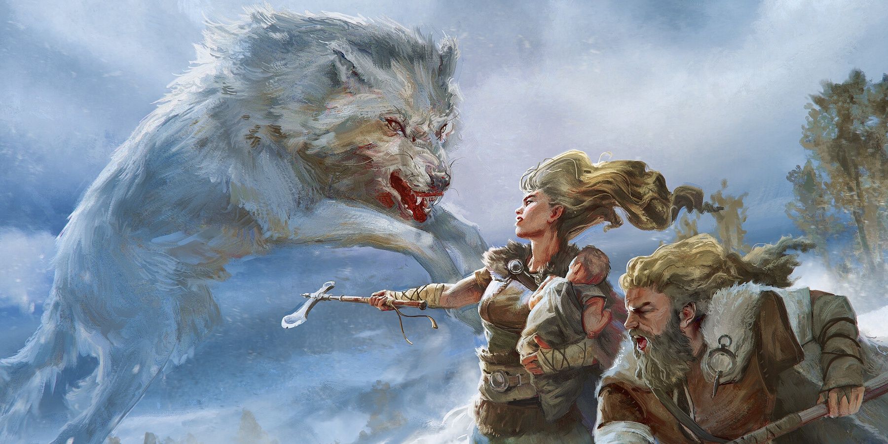 barbarians in snow fight wolf