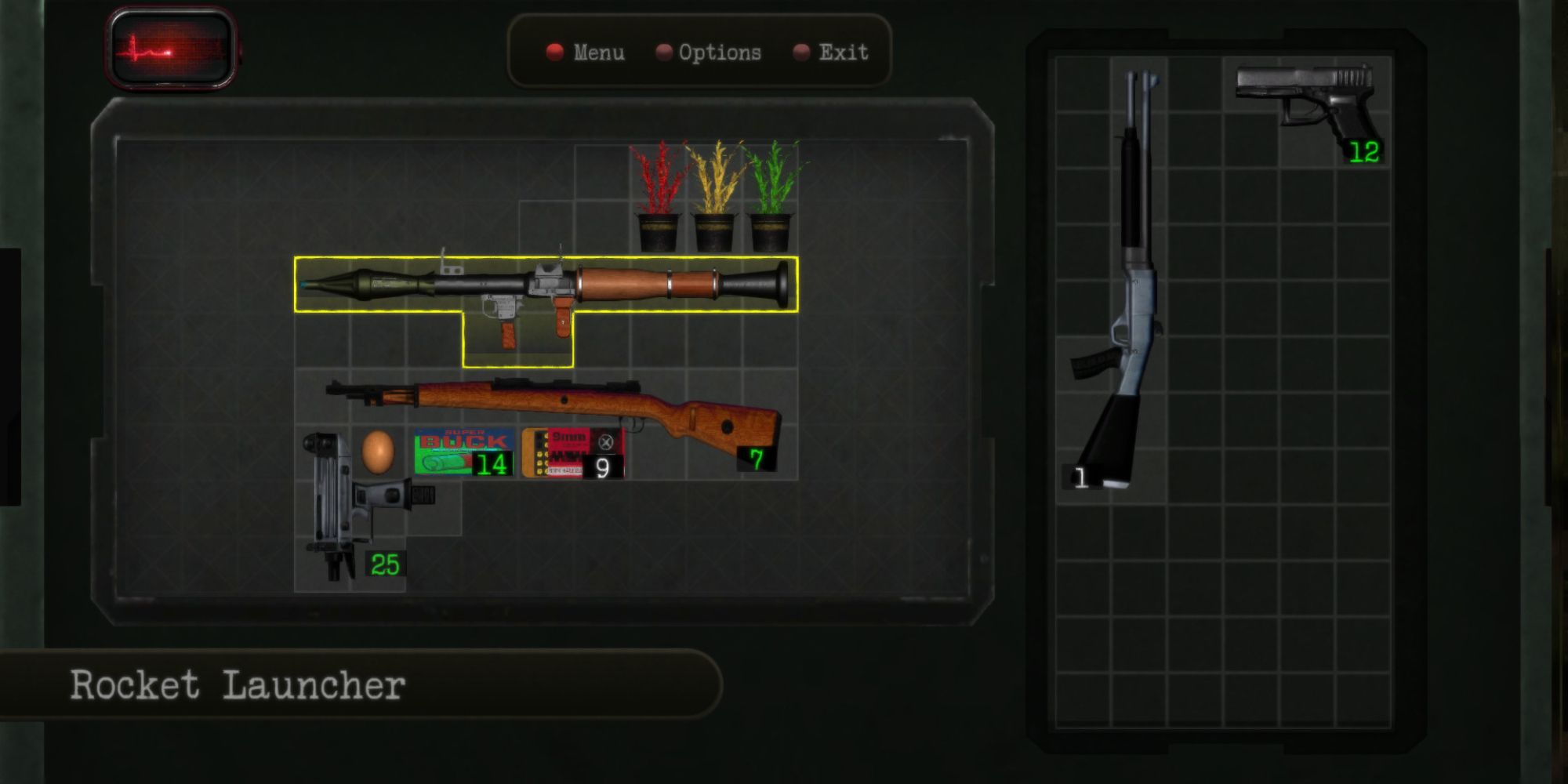 A Resident Evil inventory contains weapons, ammo, and herbs. 