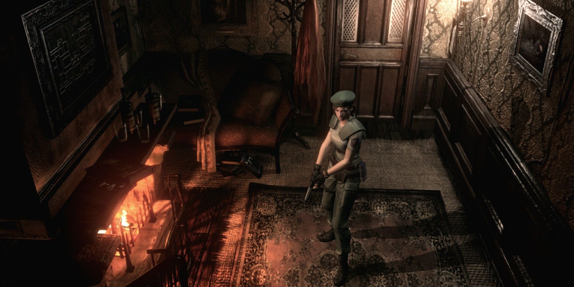 Jill standing alert with her gun in Resident Evil