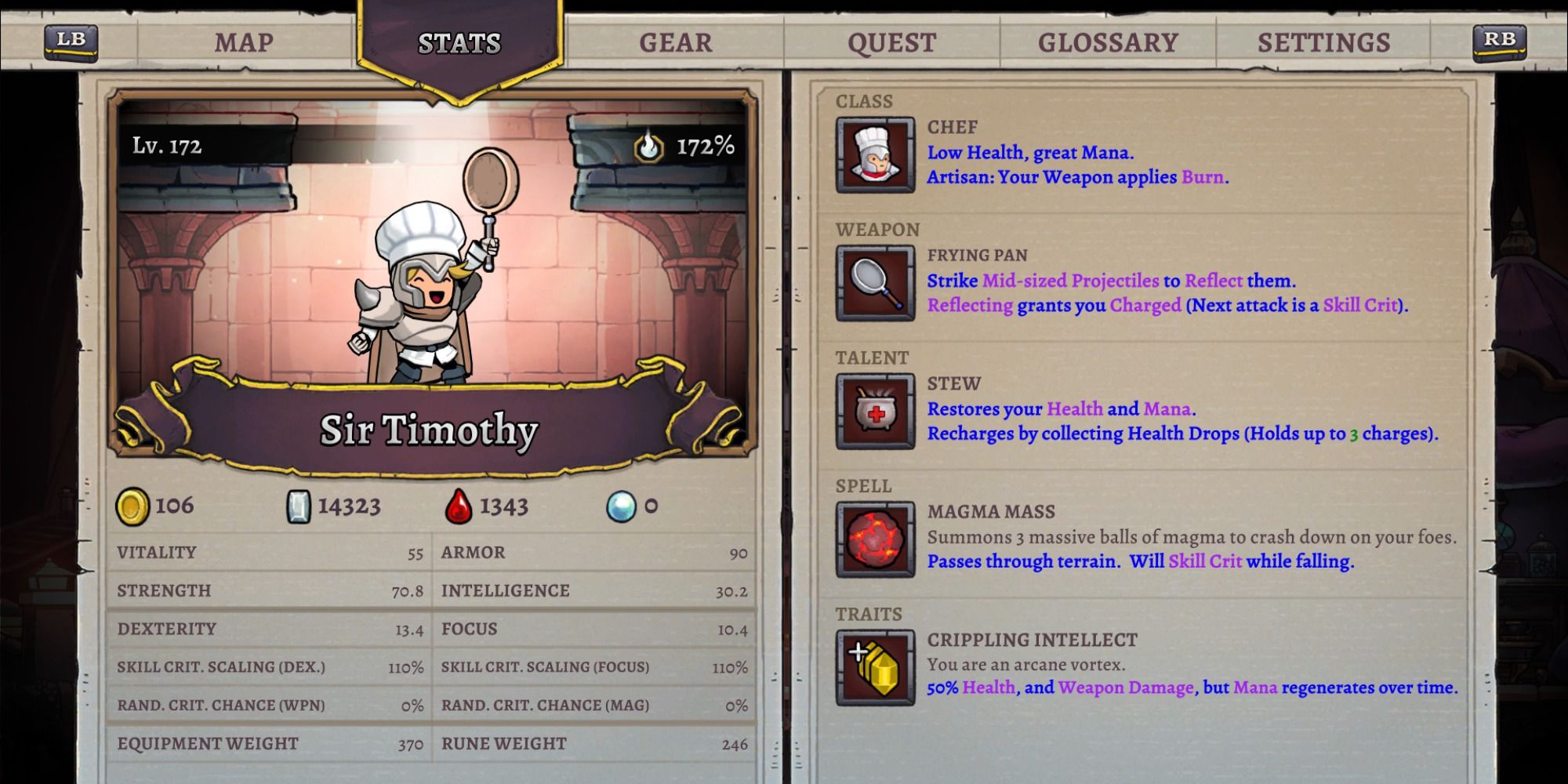 Heir Stat Sheet in Rogue Legacy 2