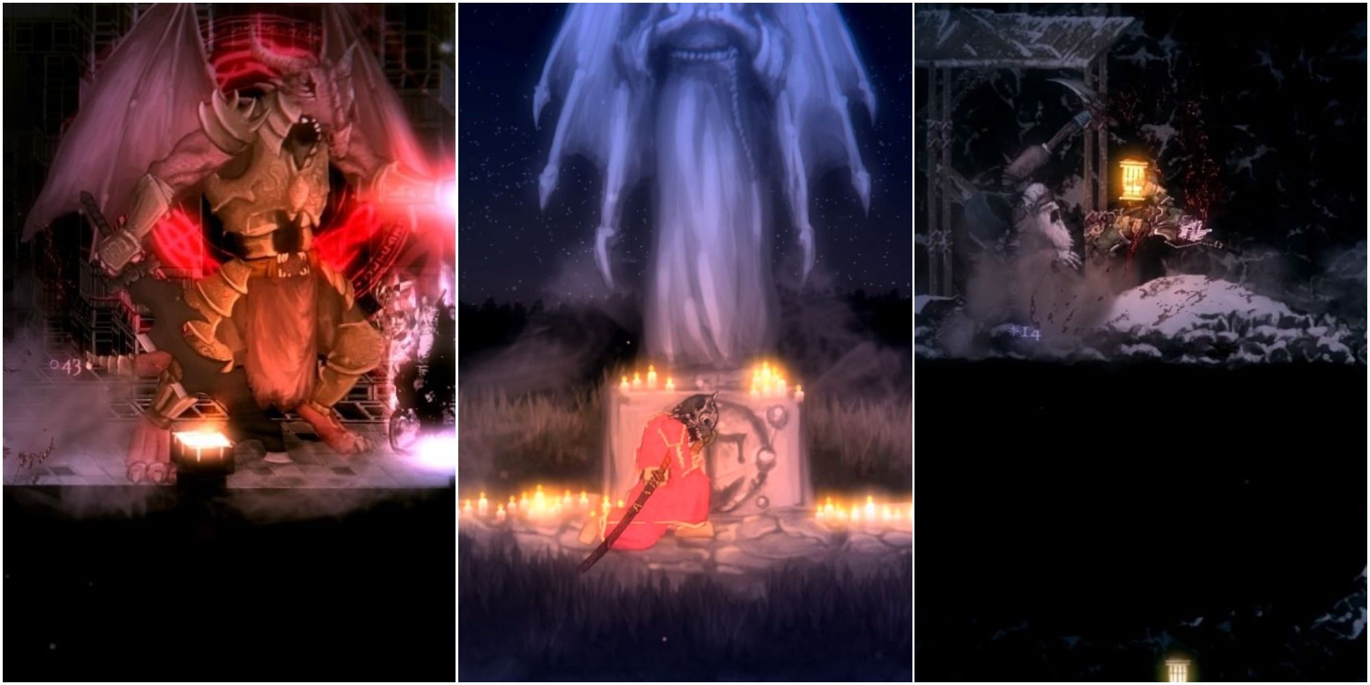 A split image clips from Salt and Sacrifice of a dracomancer, the marked inquisitor leveling up, and also being decked by a large enemy