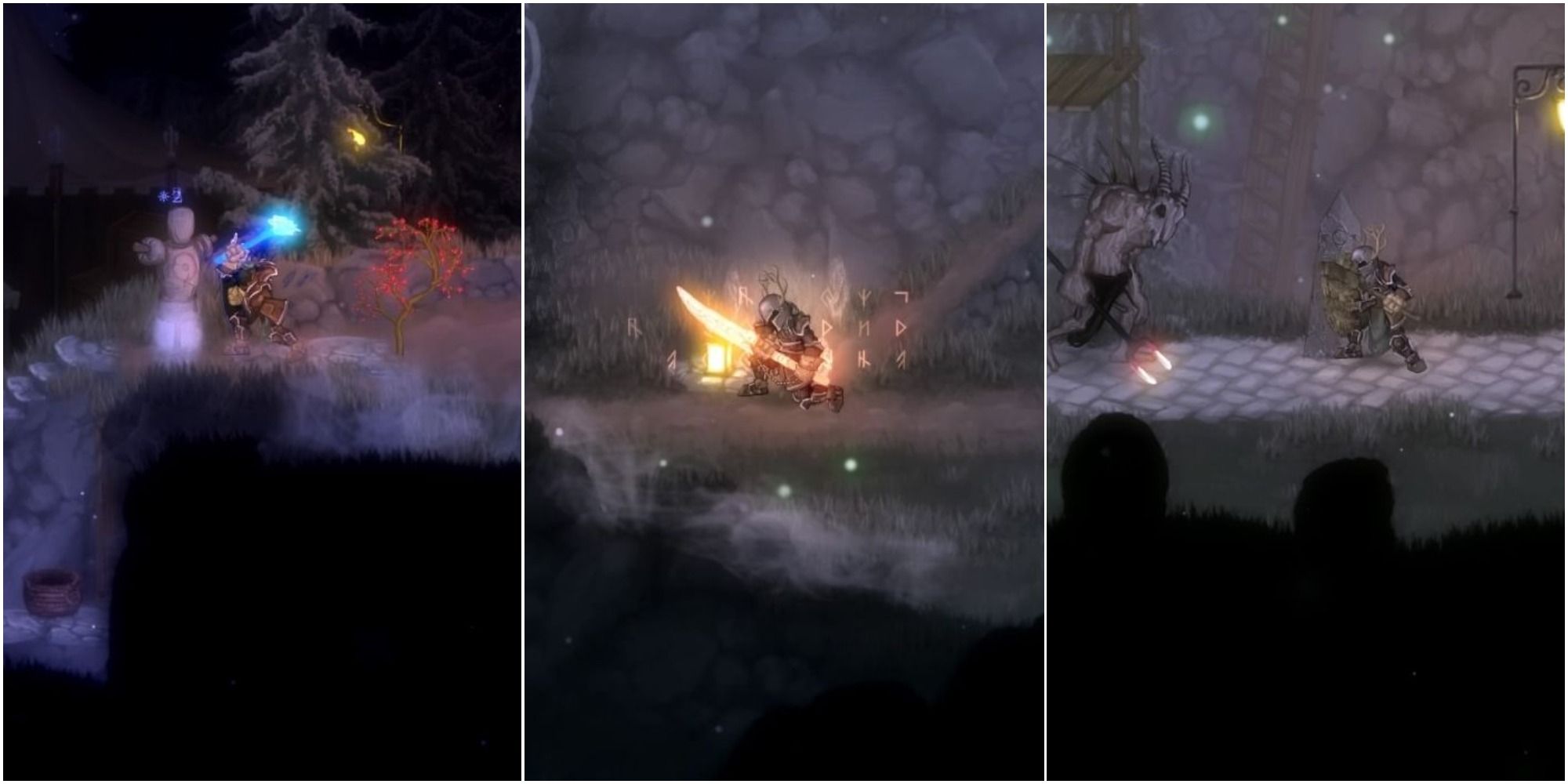 A split image of the masked inquisitor from salt and sacrifice using cold, fire, and physical elements