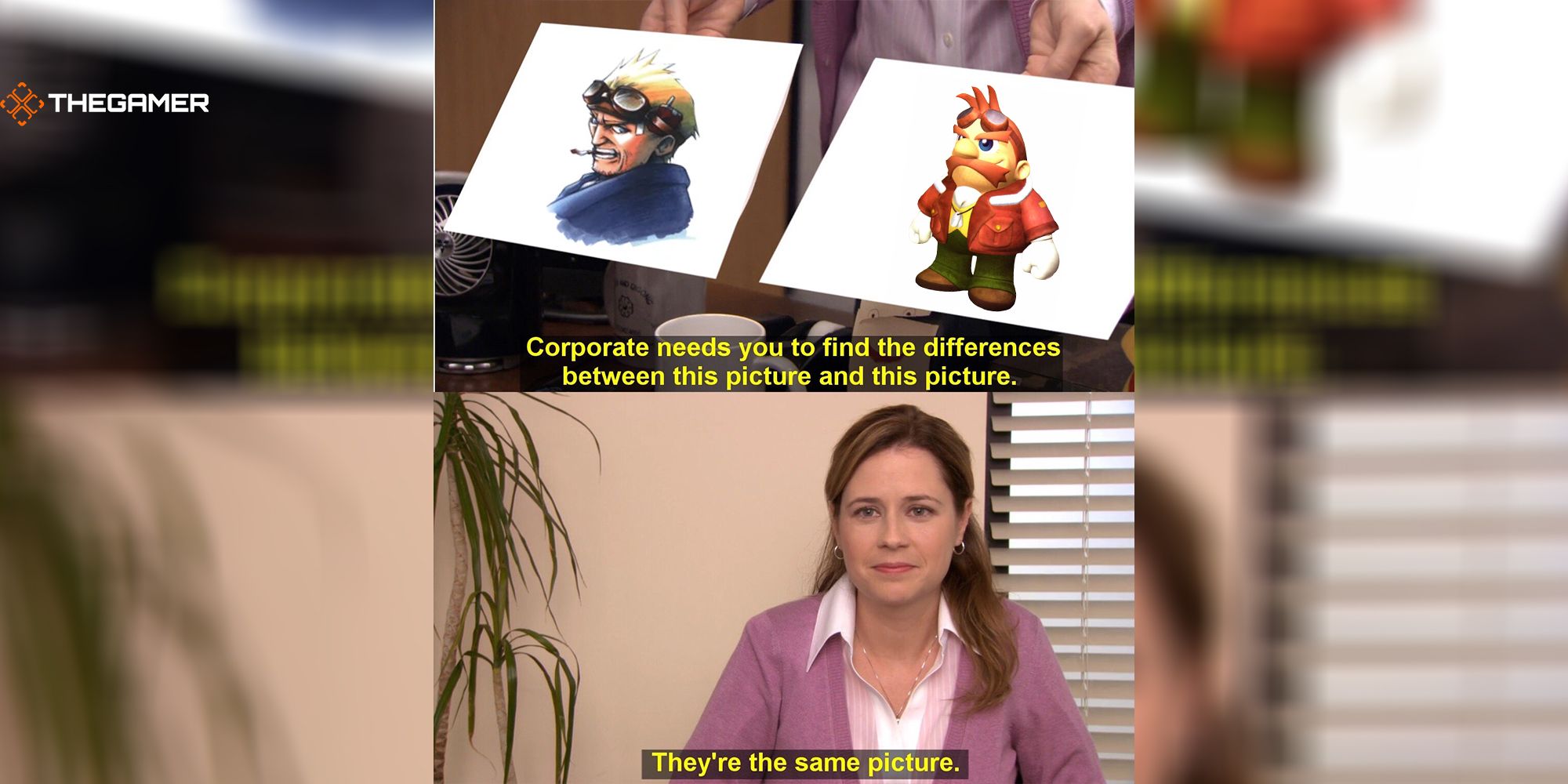 The Office's Pam gets asked the difference between FF7's Cid and Chocobo Dungeon's Cid. She answers that they're the same picture.