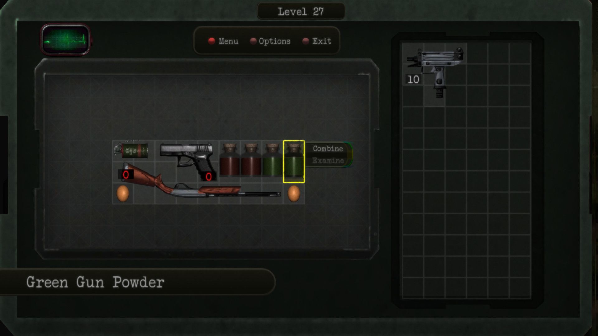 A Resident Evil inventory with guns, ammo, healing items, a flash grenade, and two eggs.