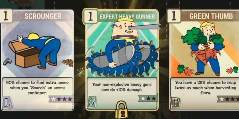 Scrounger, Expert Heavy Gunner, and Green Thumb Perk cards in Fallout 76