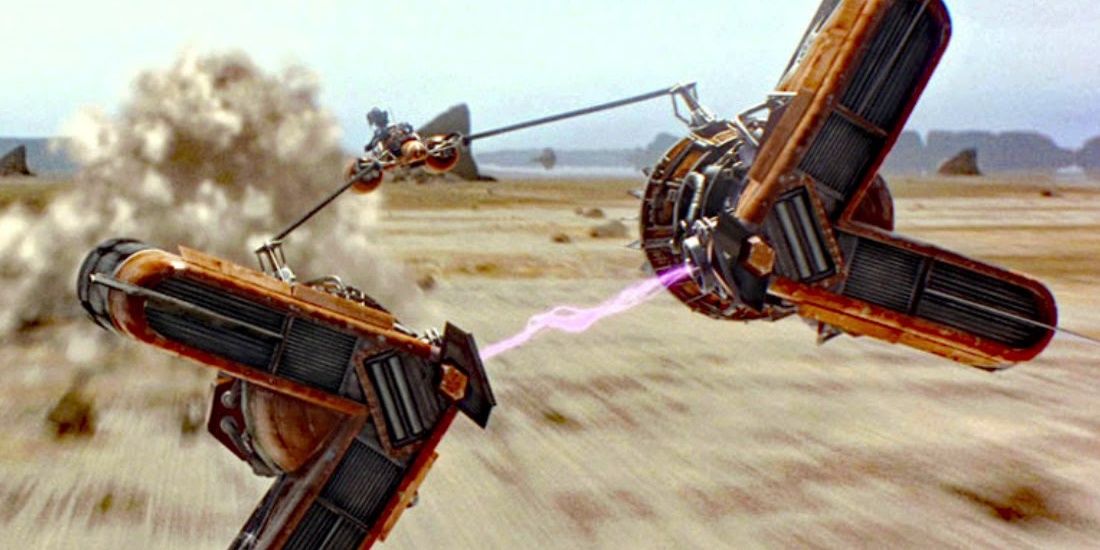 Star Wars Episode 1: Racer Sebulba flies toward the finish line on Tatooine.