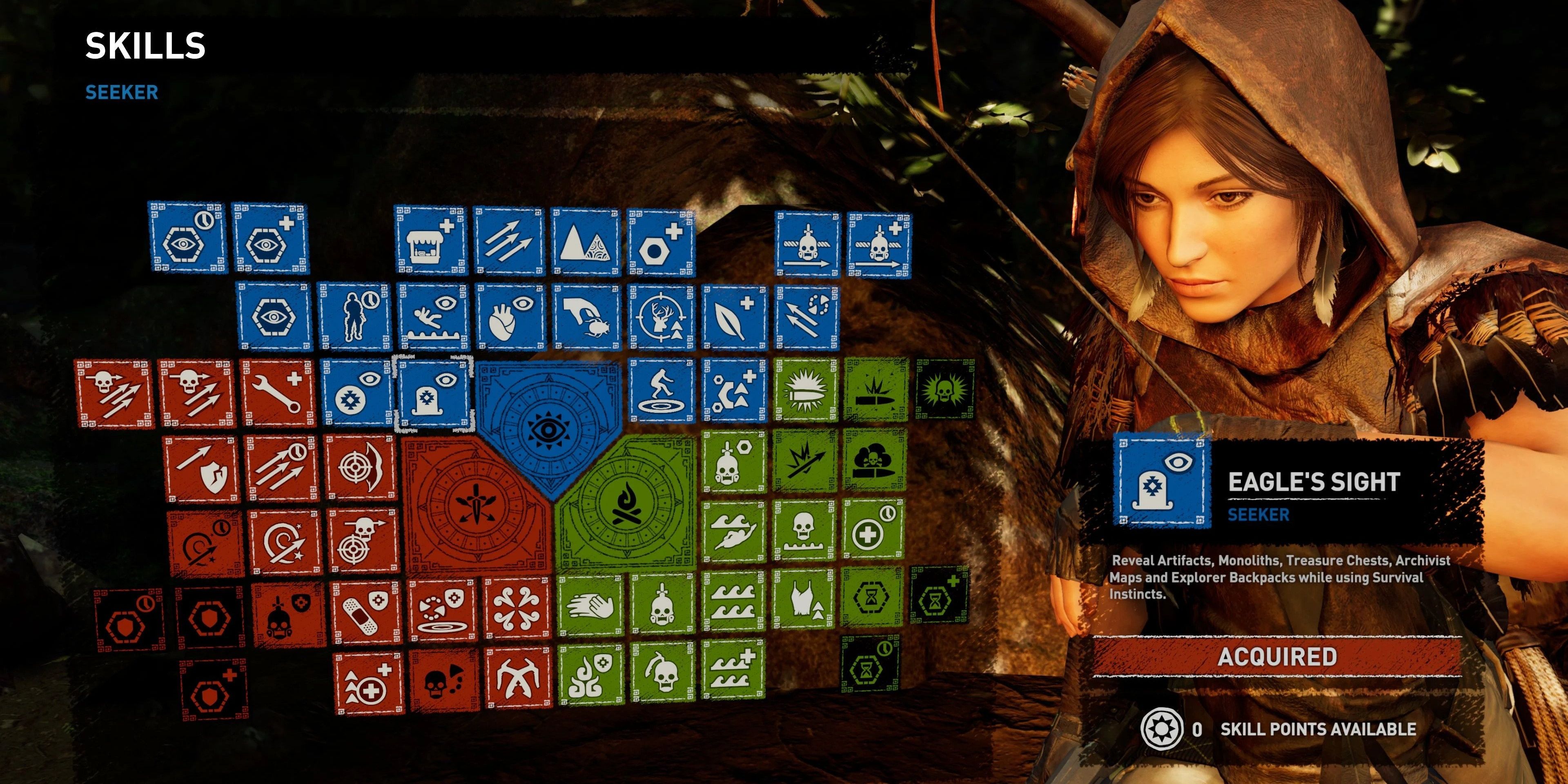 Lara kneeling to the right of the full skill tree from Shadow of the Tomb Raider