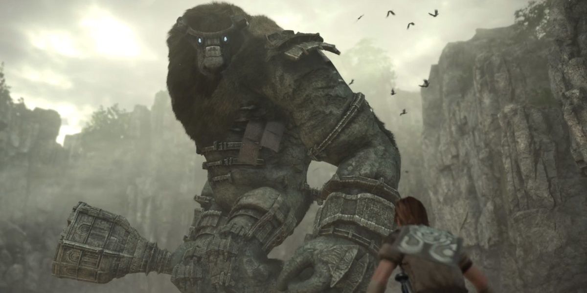 The first colossus, Valus, staring down at the player
