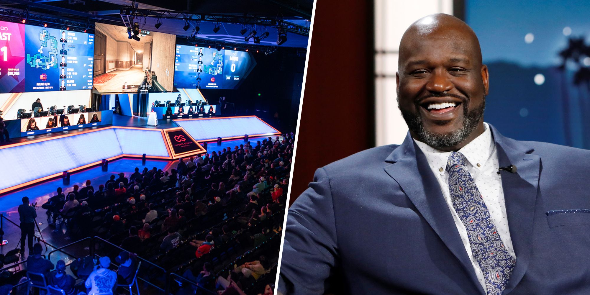 Shaquille O'Neal next to an Esports arena