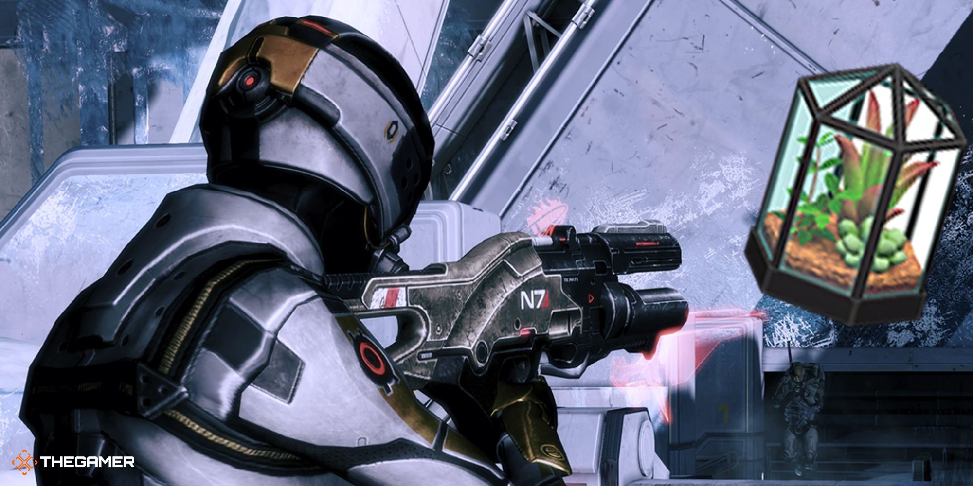 Shepard in Mass Effect pointing gun at a Terrarium
