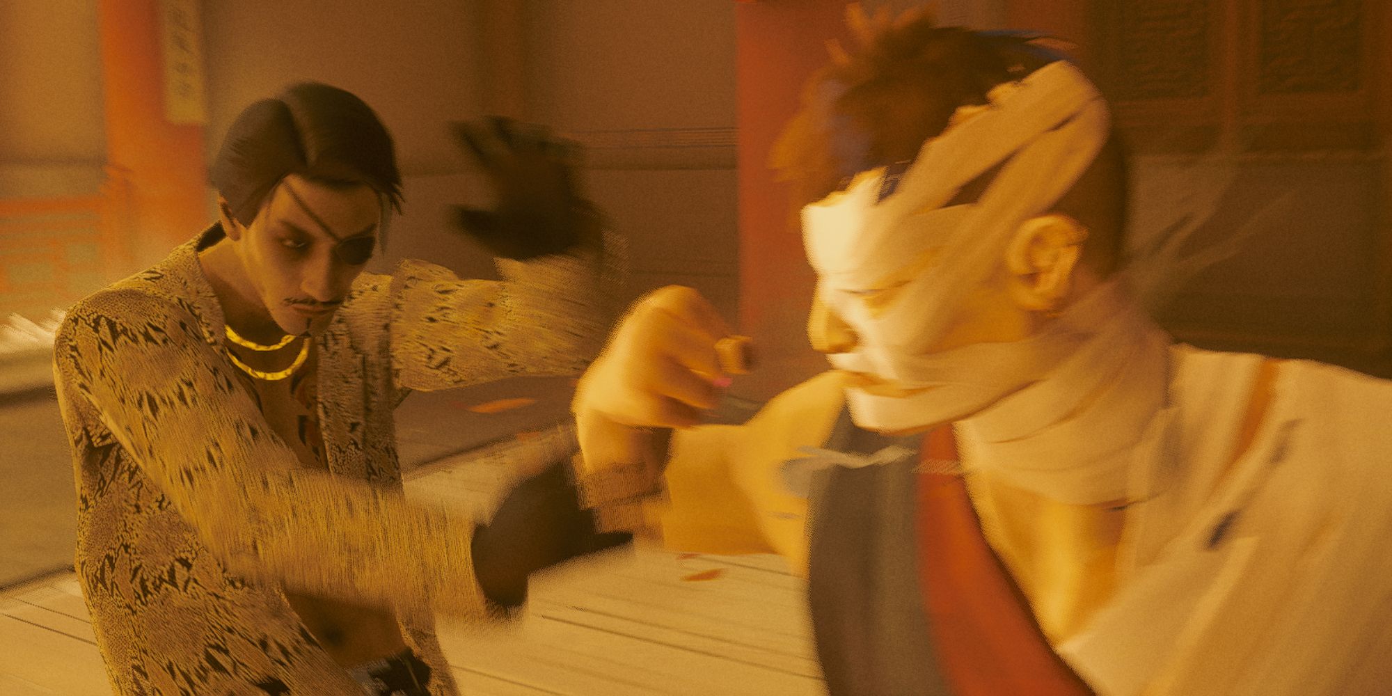 Goro Majima fighting a man with bandages on his face.