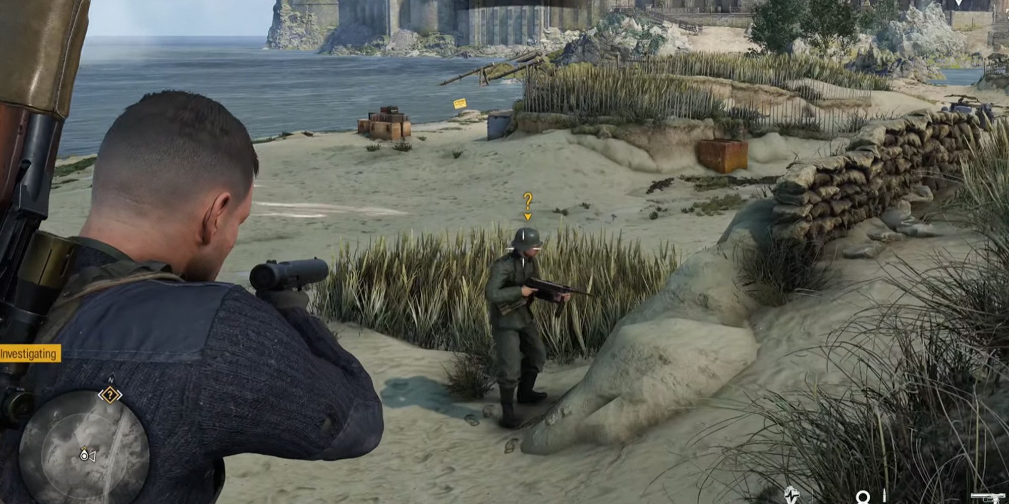 Sniper Elite 5 protagonist aiming with a pistol.
