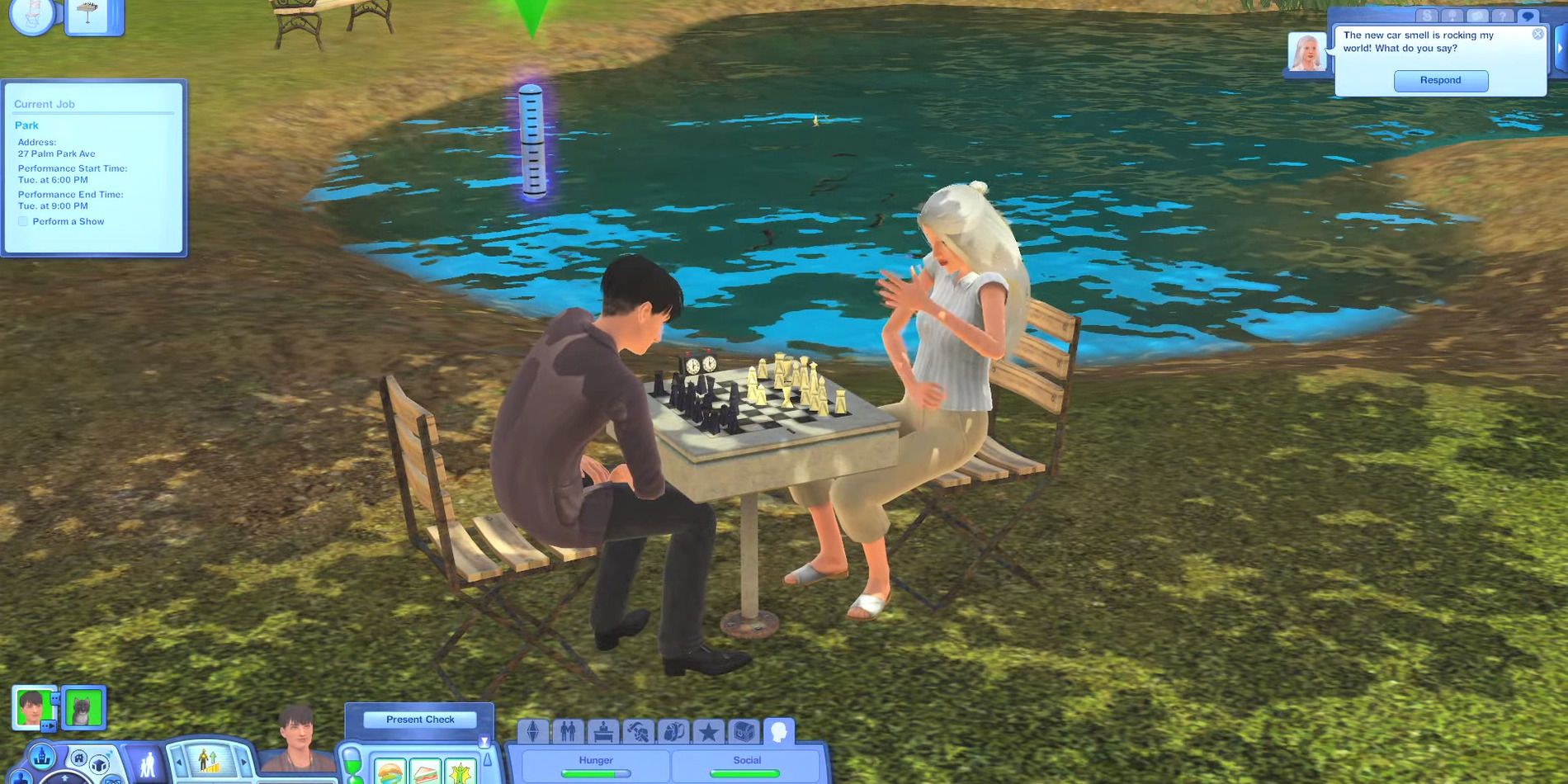Two Sims play chess in a Sunset Valley park, while one Sim (left) gains logic skill. In the top-right corner, a notification pops up where the other Sim (right) talks about the "new car smell" they experienced on their drive there.