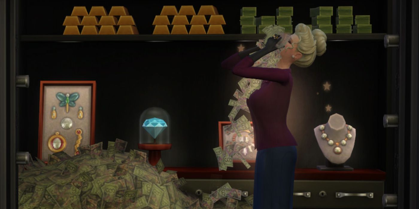 Sims 4 Judith Ward in a vault full of money