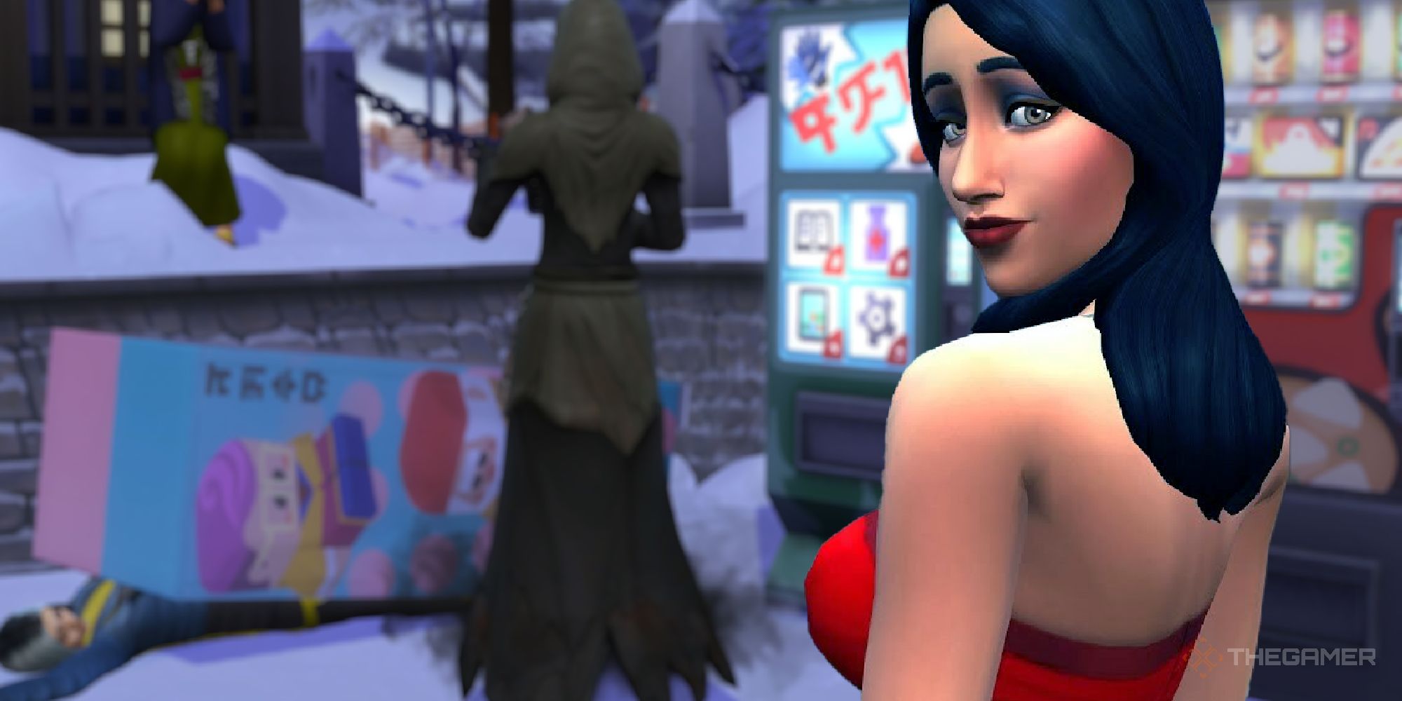 Bella goth in front of a Sim death by vending machine