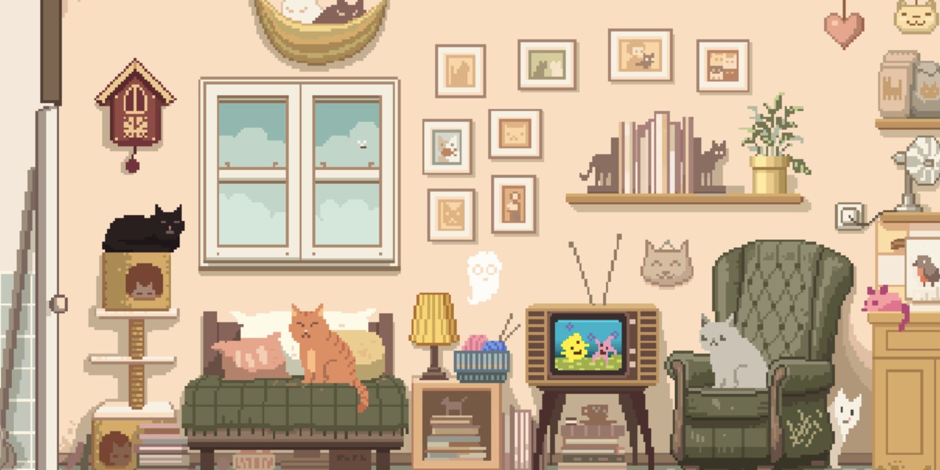 The owner's spirit floating in the living room full of cats in Six Cats Under