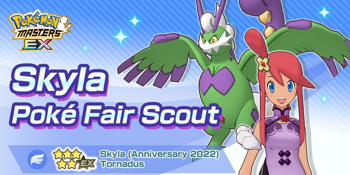 Skyla & Tornadus from Pokemon Masters EX pose on their debut banner.