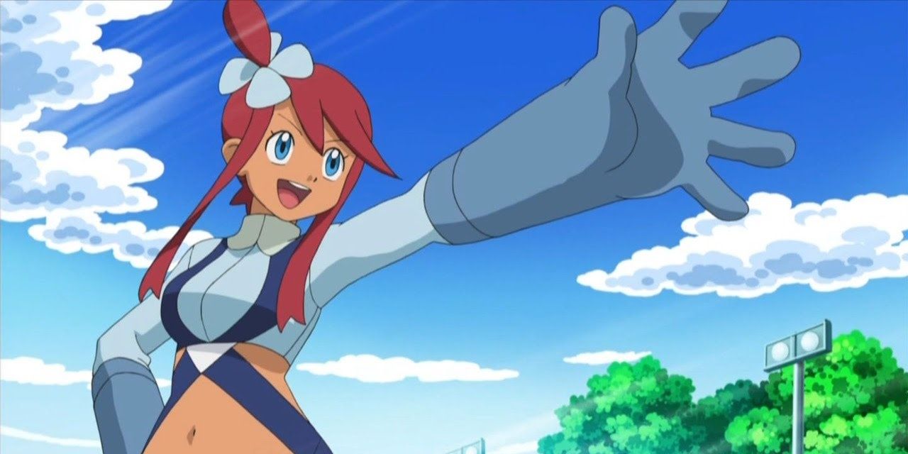 Gym Leader Skyla waving in the Pokemon Black & White Anime