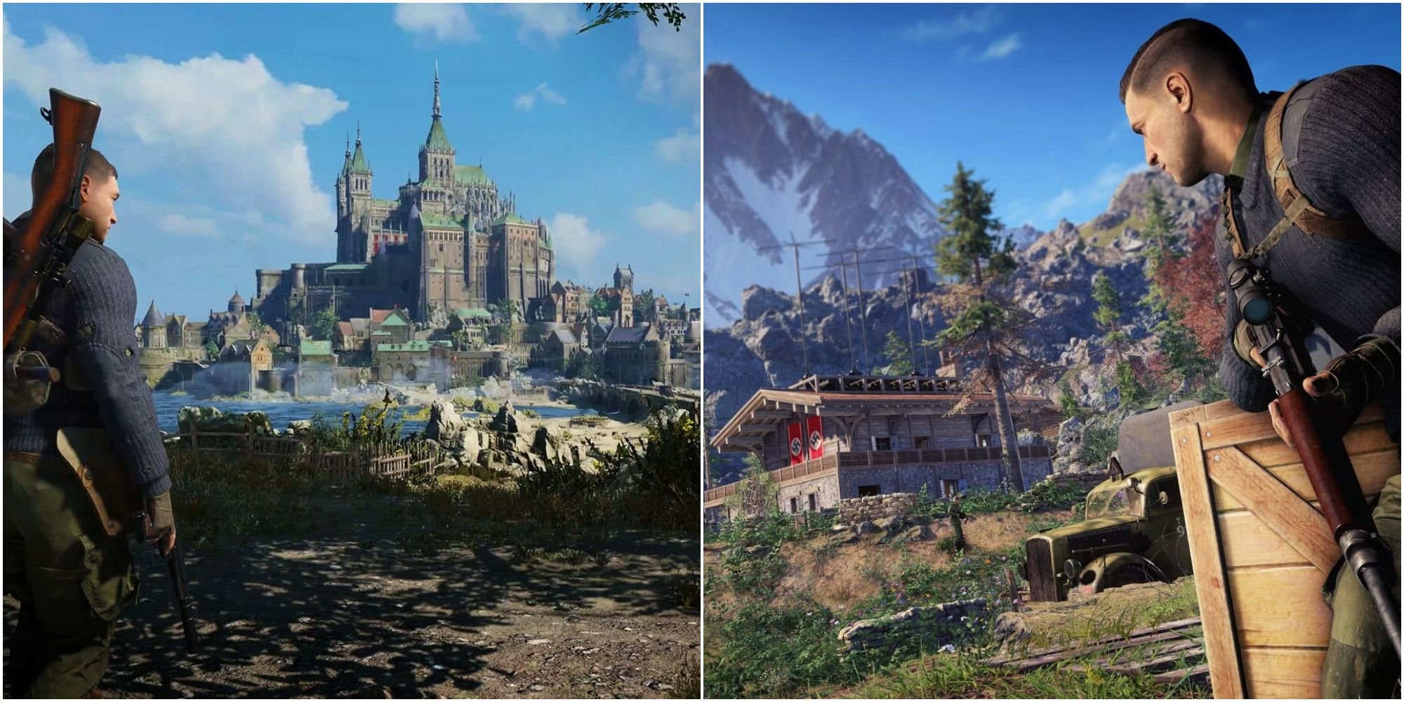 Sniper Elite 5 Featured showing two locations including one based on Mont-Saint-Michel