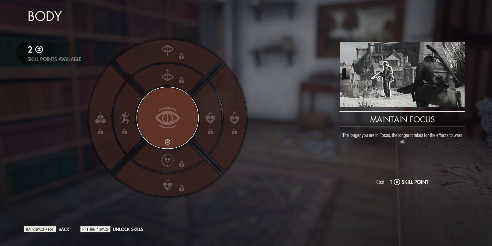 Sniper Elite 5 Skill Points showing the Body skill tree