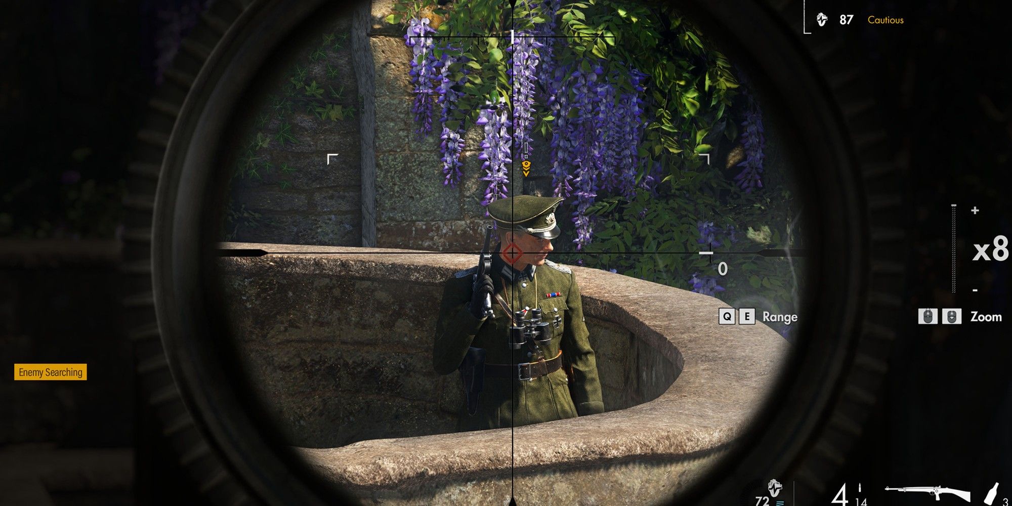 Sniper Elite 5 aiming through scope at a solider