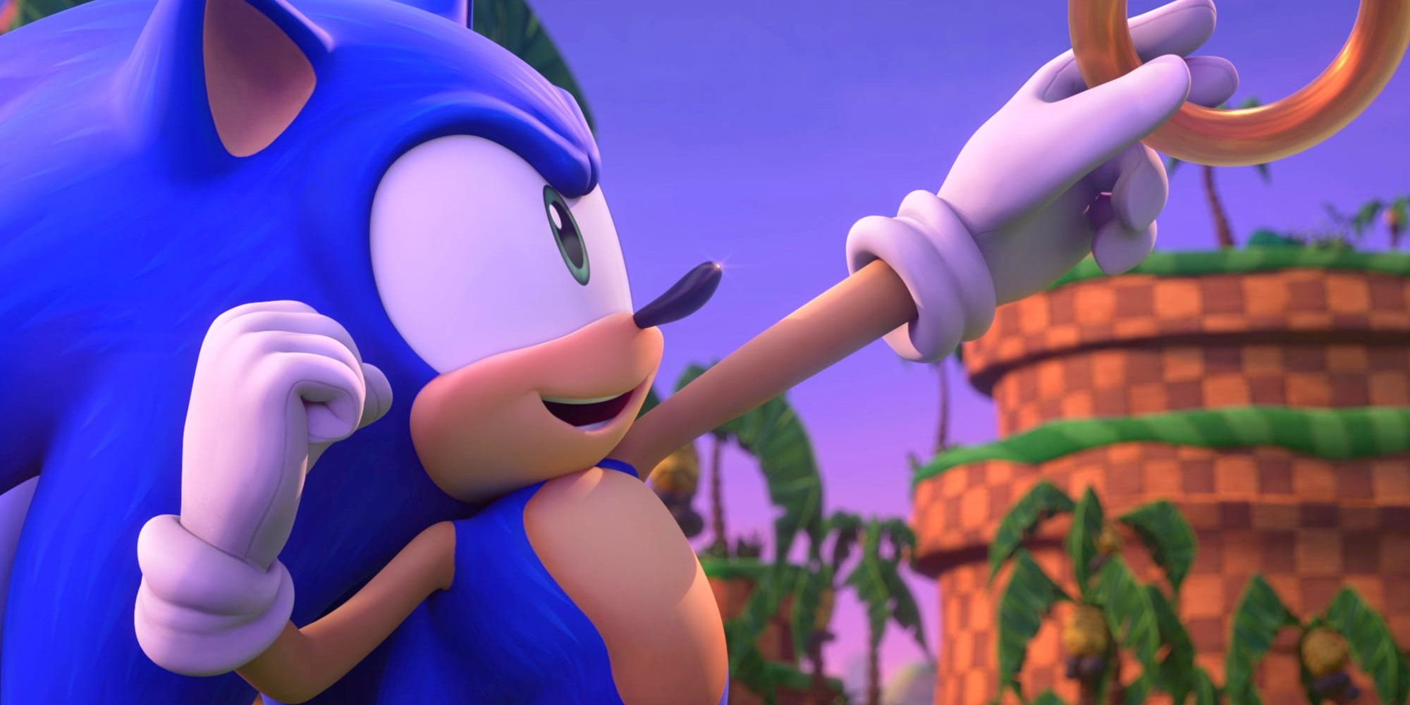Sonic grabbing a ring with one hand while smiling.