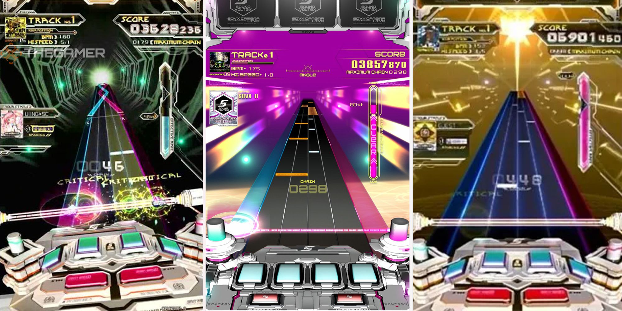 Three space like sound consoles take on a barrage of notes in the arcade game, Sound Voltex.